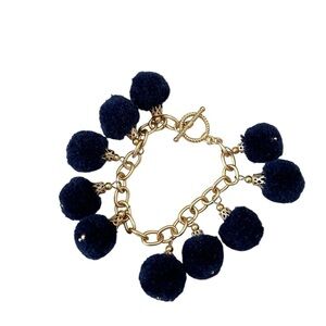 Boutique unbranded Gold tone navy Pom Pom Bracelet toggle closure bracelet 7 in